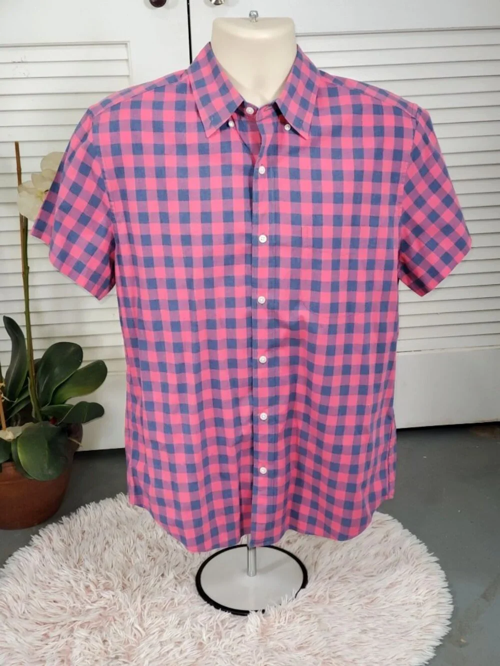 J. Crew Men's Red Blue Cotton Plaid Short Sleeve Classic Button Up Shirt Size M